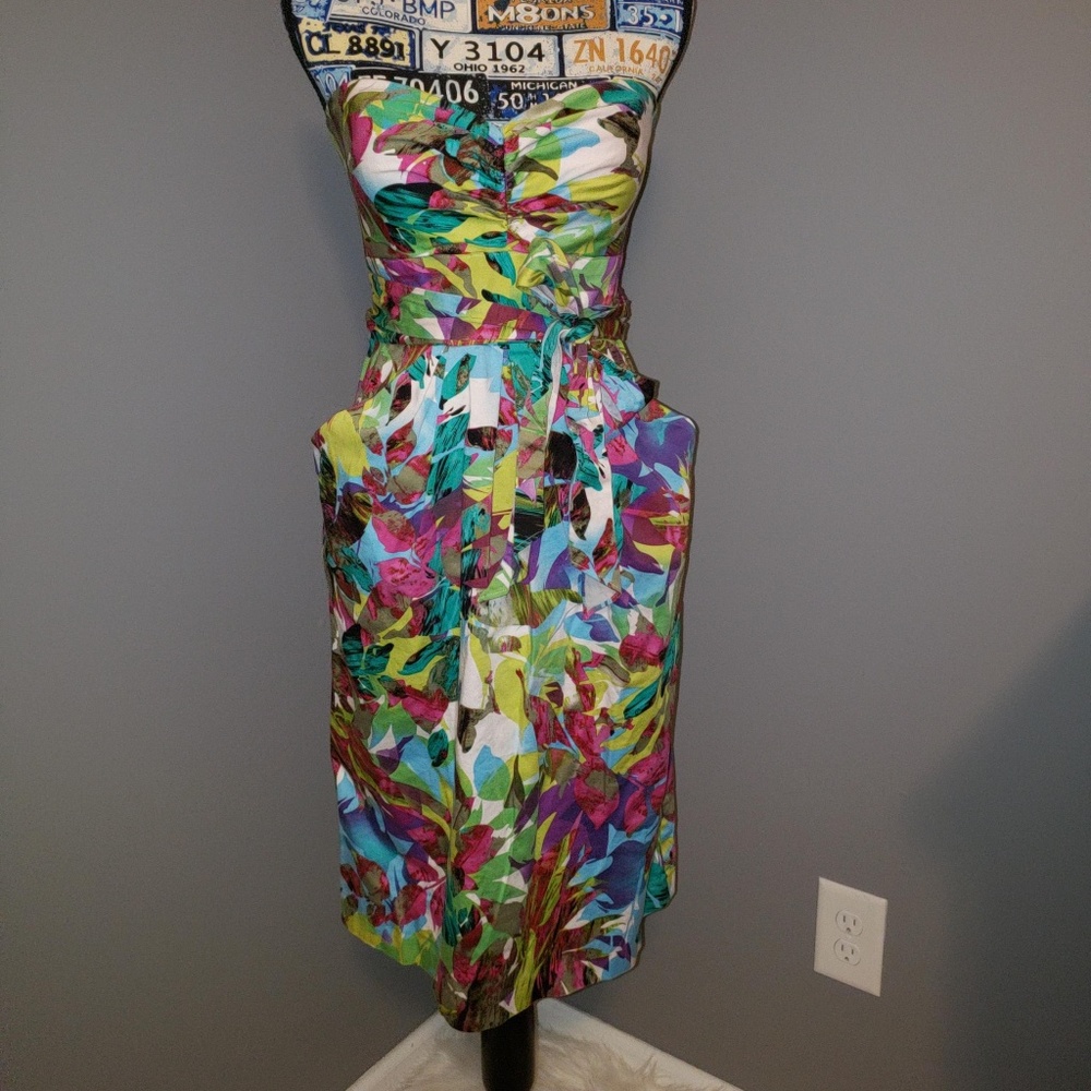Suzi Chin Colorful Floral Strapless Cocktail Dress